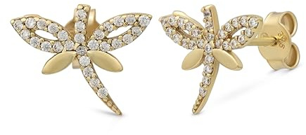 SuzanGold® Lily Stecker | Echtgold Ohrstecker in Libellen-Design mit Zirkonia | Handgefertigt & elegant | Stilvoller Schmuck für Naturliebhaber