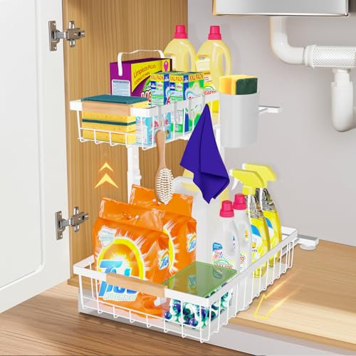 homicozy Rangement sous Évier, Organisateur sous Evier Coulissant à Extraction avec 4 Crochets et 1 Tasse, Réglable Etagere sous Evier, Rangement et Organisation de Cuisine, Placard, Bain(Blanc)