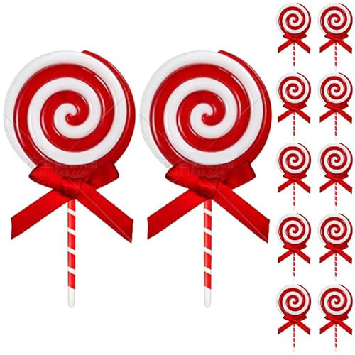 12Pcs Christmas Candy Cane Plastic Candy Decorations Peppermint Ornaments for Christmas Tree Candy Lollipop Craft Decor for Xmas Home Party Supplies (Red)