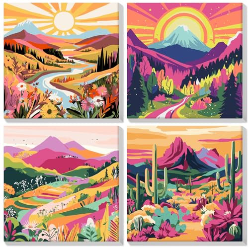 Lxmsja 4 Pack Framed Paint by Numbers for Adults Beginner, Landscape Painting by Numbers Kit for Adults Canvas Kits, Easy DIY Acrylic Pigment Drawing Paintwork for Home Wall Decor, 8x8in/20x20cm