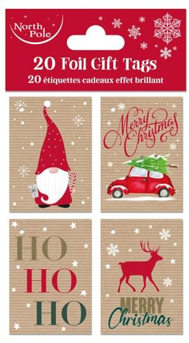 Eurowrap Rectangular Foil Christmas Pack of 20 Gift Tags Xmas, 4 Assorted Designs, Sim Kraft X34557GTC