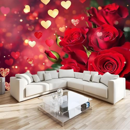 Fototapete Romantisches Thema Rote Rosen Tapete 400x280 cm 3D Vlies Wanddeko Wallpaper Wandtapete Dekoration Study Zimmer Wohnzimmer Restaurant Cafe
