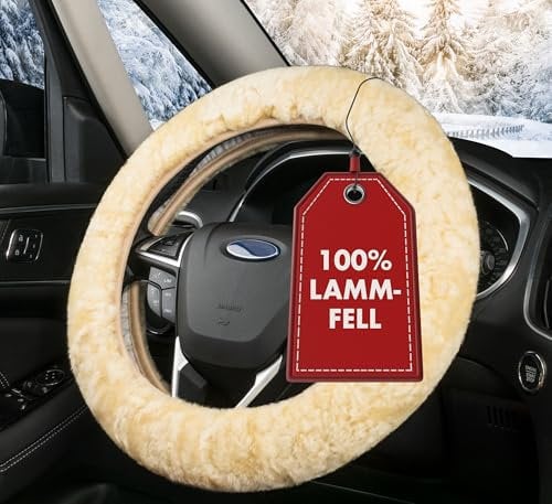 Walser Lammfell Lenkradbezug Auto, 100% Lenkradschutz, Lenkrad Bezug, Winter Zubehör, Wärmer, Beige, 37-39 cm Durchmesser