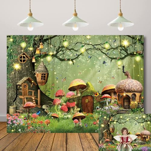 Spring Wonderland Hintergrund Märchen Wald Pilz Hintergrund Wunderland Tee Party Hintergrund Kinder Mädchen Geburtstag Babyparty Party Dekoration Banner (210 x 150 cm)