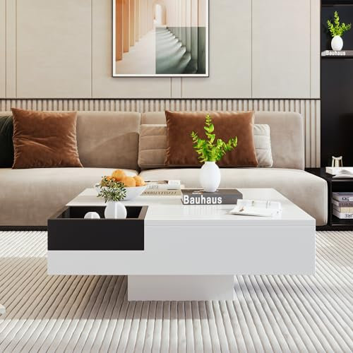 LANTRO JS Couchtisch Hochglanz, Wohnzimmertisch Weiß Hochglanz mit LED Beleuchtung Modern, Tisch Wohnzimmer, 72x72x30(cm) (weiß)