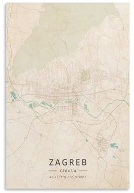 LZTEN Zagreb Kroatien-Karten-Poster, Vintage-Druck, Leinwandposter, Wandkunst, Schlafzimmer, Büro, Raumdekoration, Geschenk, ungerahmt, 50 x 75 cm