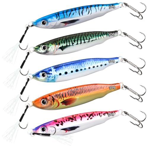 3D-Druck Sinkende Angelköder, WASAGA 5 stücke 20g/30g/40g/60g/80g Hartmetall Salzwasser & Süßwasser Spinner Fischköder für Bass und Makrele & Jigging Köder