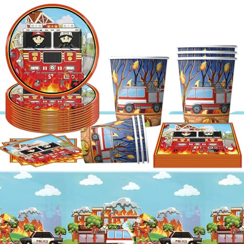 41 Stück Feuerwehr Partygeschirr Set, Feuerwehrmann Geburtstagsdeko Kindergeburtstag Deko Party Supplies mit Pappteller Tasse Tischdecke Servietten Feuerwehr Geburtstag Party Dekoration für 10 Gäste