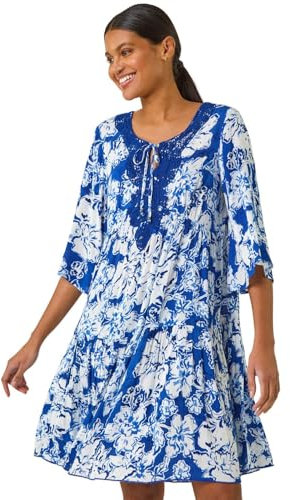 Roman Originals Smock Dress for Women UK Ladies Cotton Summer Embroidered Frilled Tiered Casual Beach Cruise Holiday Cocktail Party 3/4 Sleeve Pull On Gathered Skirt - Floral Blue - Size 14