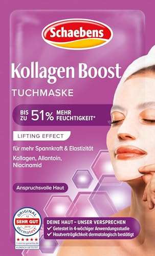 Schaebens Kollagen Boost Tuchmaske, Anti-Age Effect mit Kollagen, Allantoin und Niacinamid für anspruchsvolle Haut. (Packung mit 5)