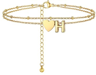PROSTEEL Gold Fußkette für damen, Doppelte Herz Fußkettchen mit Buchstabe A-Z, 18k Vergoldet Fußschmuck für Mädchen Frauen