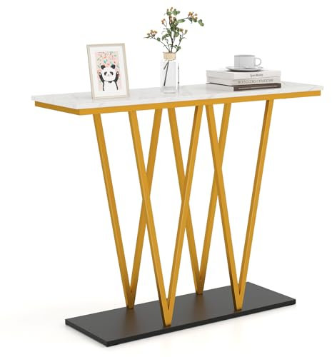 GIANTEX Konsolentisch Marmoroptik, Flurtisch Eingangstisch mit Metallrahmen, schmaler Beistelltisch 2 Ebenen, Couchtisch Sofatisch Weiß Gold, Langer Sideboard Tisch Anrichte, 100 x 30 x 79 cm