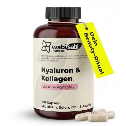 wabi sabi Hyaluron & Kollagen Komplex - 180 vegane Kapseln für 3 Monate - 1000 mg Kollagen mit Hyaluronsäure, Biotin, Zink & mehr - hochdosiertes, geprüftes Supplement - deutsche Qualitätsmarke