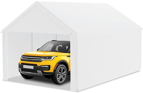 LZQ Tente de garage, 4 x 6 m, avec bâche en polyéthylène, renforcement du toit, parois latérales amovibles, cadre de sol, abri robuste pour voiture, SUV, camion (blanc)