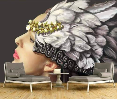 Character Feather Headdress 3D Wallpaper Feature Office Living Room Sofa Bedroom TV Background Wall Decoration-300cm×210cm