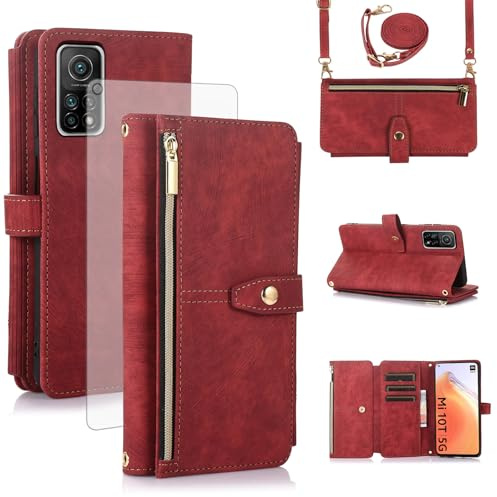 Asuwish Handyhülle für Xiaomi Mi 10T/Mi10T Pro 5G Hülle mit Band Folie Schutzfolie Kartenfach Klappbar Leder Geldbörse Ständer Mi10TPro M10T T10 M2007J3SG Cover Handy Hüllen Schutzhülle Phone Case Rot