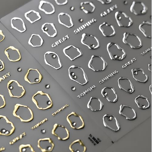 Shimmerz 2 Sheets Silver and Gold Nail Art Stickers Decals 5D Embossed Self-Adhesive Nail Decals for Nail Art Silver Gold Irregularity Nail Stickers