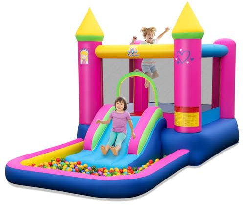 COSTWAY 4 en 1 Château Gonflable sur Thème Princesse avec Toboggan & Maison de Saut, Aire de Jeux Gonflable avec Panier de Basket et Piscine à Balles, Charge Max 90kg pour 2 Enfants de 3-12 Ans