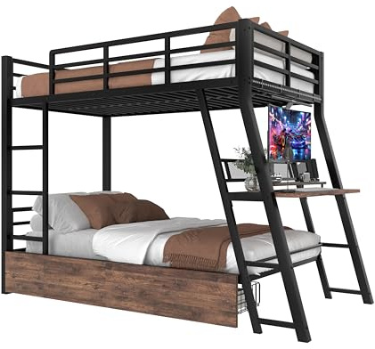 Azkoeesy Cama Gaming con iluminación LED, 90 x 200 cm, cama alta para niños con escritorio, litera con 2 cajones, protección contra caídas y rejilla, para 2 niños y adolescentes, estructura de hierro