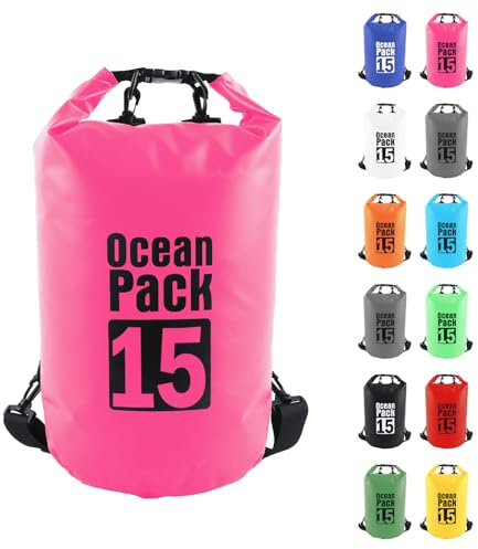MOMAHUA Dry Bag 15L wasserdichte Tasche, Rosenrot Dry Bag 2L/5L/10L/15L/20L/25L/30L mit Verstellbarem Gurt, Schützt Telefon/Karte, Roll Top Wasserdichter Beutel Rucksack für Schwimmen/Rafting