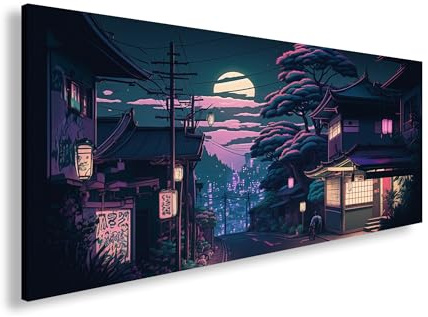 Leinwandbild Mondnacht in Japan – Laternenlicht trifft auf stille Gassen. Panorama 120x60cm XXL Wandbild auf Keilrahmen/Kunstdruck/Bild Wohnzimmer Dekoration