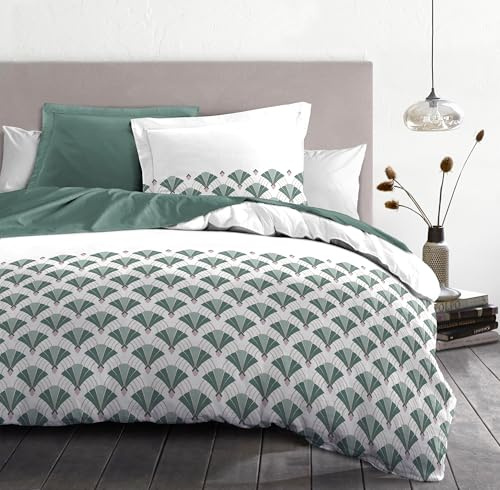 Duvet Cover Set 240 x 260 cm – 3 Pieces – Soft Cotton Percale – Duvet Cover + Pillowcases – White & Green – L'Elegant