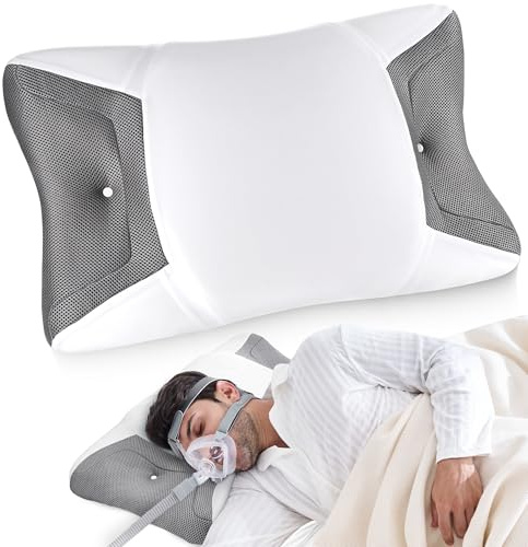 CPAP Kissen für Seitenschläfer & Rückenschläfer, Memory Foam Schlafapnoe Kissen für alle CPAP Masken, mit Breiten Aussparungen und Stützbereich, Reduziert Luftauslässe und Druck Maske, Kühlender Bezug