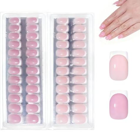 False Nails Kit,32PCS Short Square Fake Nails, French Pink Coffin Press on Nail, 16 Sizes Glossy Full Cover Acrylic Fake Nail Tips for Women Girls (Pink, Light Pink)