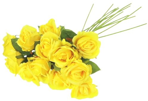 QWORK® 12 pièces Roses artificielles, Roses Jaune, Fleurs artificielles avec Longues tiges en Plastique pour Mariage, décoration d'intérieur