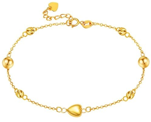 Calefee Gold Armband Damen 585/14 Karat Echtgold, Armkette Damen mit Perlen und Herz, Armbänder Verstellbar 17 cm Verlängerung 4 cm
