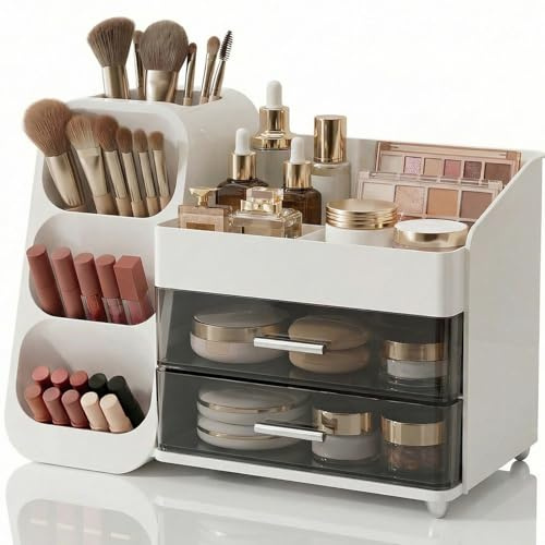 Xtrillogen Makeup Organiser Storage with Drawers,Large Capacity Make Up Organiser,Cosmetics Organizer Stores Lipstick,Makeup Brush Holder Suitable for Dressing Table,Bathroom and Bedroom Desk(White)