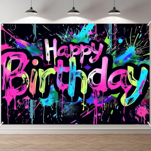 ANOMM Graffiti Pancarta de Cumpleaños, Birthday Banner de Fiesta, 210x150cm | para Decoraciones, Extra Grande Fondo de Fotomatón para Fiestas de Cumpleaños Cartel Decorativo Póster para Niñas y Niños