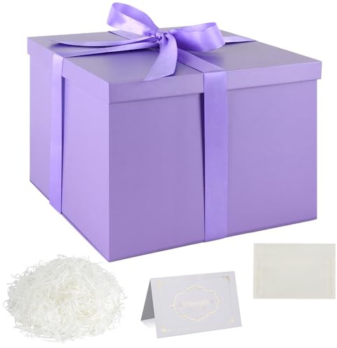 Geschenkbox Set, Lila Geschenkboxen mit Deckel 24 x 24 x 18 cm Tiefe Geschenkbox mit Schleife Geschreddertes Seidenpapier Grußkarten für Weihnachten Geburtstag Hochzeitstag