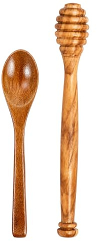 Honey Spoon, Olive Wood Honey Dippers and Sticks, Wooden Honey Drizzler for Tea and Kitchen Use, Set of 2 with Honey Dipper and Stirrer, Dimensions 15x2 cm