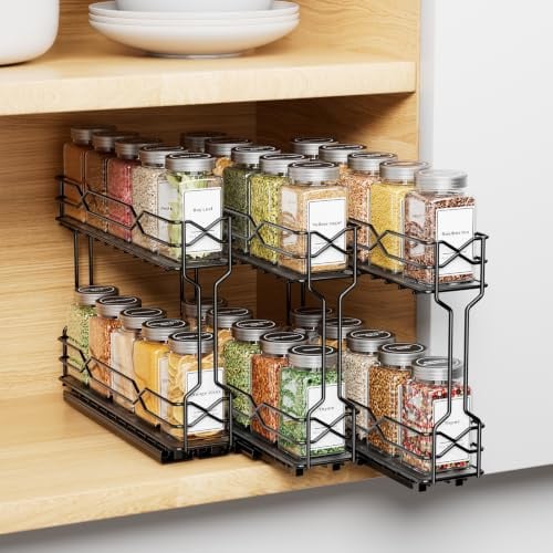Gewürzregal Ausziehbar 3er-Pack, Gewürz Organizer Für Schrank | Modulares 3er-Pack, Doppelte Gleitschienen, Vollauszug-Design , Schwarze Metallkonstruktion, Einfache Montage, Schrank