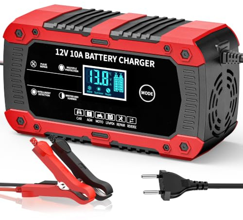 Autobatterie Ladegerät 10A 12V, automatische Abschaltung & Temperaturkompensation, 8-Fach Schutz, LCD-Display für Auto/Motorrad/LKW/Boot – für Blei-Säure & LiFePO4 (2-200Ah)