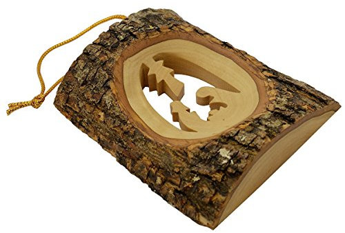 Junker Verlag Olivenholz Krippe aus Bethlehem - Holz Weihnachtskrippe im Olivenholz-Baumstamm mit Baumrinde, 11cm