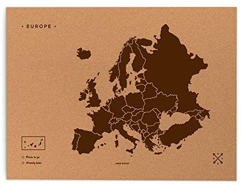 Miss Wood Mapa de Europa de Corcho, Pino, Marrón, XL-60x90cm
