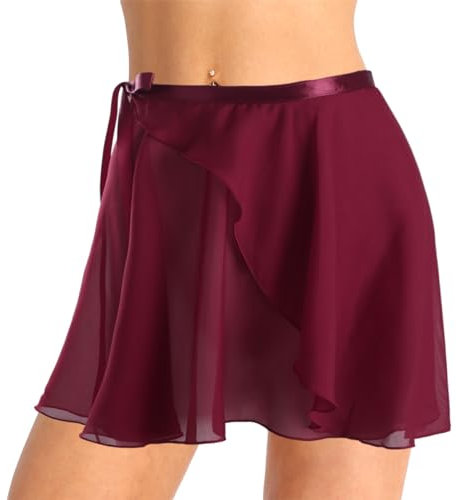 CHICTRY Damen Ballettrock Wickelrock Chiffon/Pailletten Tanzrock Latein Standard Tanzkleidung Asymetrisch Gymnastik Rock Dancewear Weinrot XL