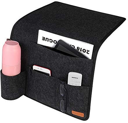 SIMBOOM Bett Tasche Bettablage zum Einhängen mit Flaschenhalter Anti-Rutsch Aufbewahrungstasche für Buch, Zeitschriften, iPad, Handy, Fernbedienung - Dunkelgrau