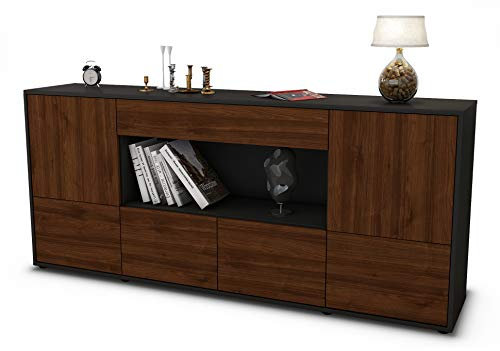 Stil.Zeit Sideboard ELSA, Korpus anthrazit matt, Front Holz-Design Walnuss (180x79x35cm) Push-to-Open Technik & Leichtlaufschienen