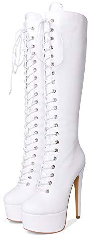 Only maker Damen Kniehoch Stiefel Plateau Hohe Schnürstiefel mit Stiletto Absatz Reißverschluss Weiß 38 EU