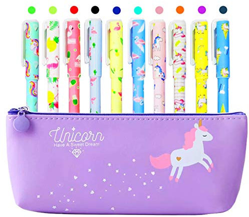 Maomaoyu Astuccio con Motivo Unicorno, con 10 Penne Colorate con Figure di Unicorni e Fenicotteri, Idea Regalo per Ragazze, Viola