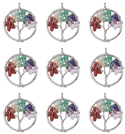 PandaHall 10pcs Gemstone Chakra Crystal Tree of Life Charms Pendant 29x5~7mm Natural & Synthetic Mixed Stone Gemstone Wire Wrapped Pendant with Brass Findings for Necklace Jewelry Making