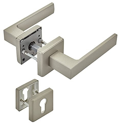 Türdrückergarnitur CUBE Edelstahloptik matt für Profilzylinder 120 x 22 mm Vierkant 8 x 8 mm für Eingangstür Rosetten Drückergarnitur von SOTECH