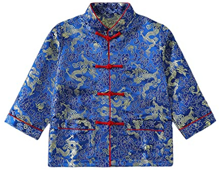 Boy Tang Suit Dragon Long Sleeve Shirt Chinese New Year outfit Chinese Traditional Clothes for Kids (Blue,8-9 Years)