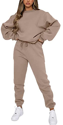 amropi Trainingsanzug Damen Pullover Sweatshirt und Jogginghose Warm Vlies Kleidungsset (Braun,XL)