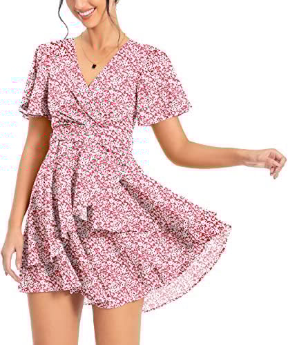 PCEAIIH Women's Cocktail Dresses Short Sleeve Empire Skater Dress Deep V-Neck Waist Tie Ruffle Mini Swing Dresses 2XL Floral Pink