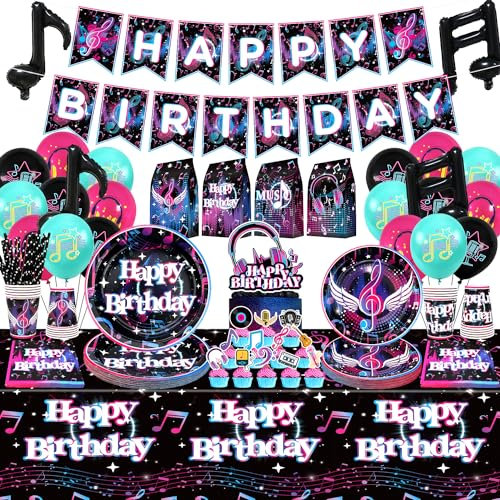 Ywediim Music Party Supplies, Includes Happy Birthday Banners, Plates, Cups, Napkins, Straws, Gift Bags, Note Foil, Tablecloth, for 80s 90s Disco Music Theme Men Women Birthday Party Decoration