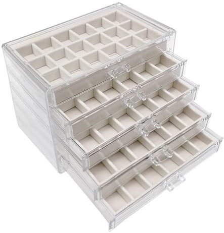 Sightday Portagioie Con 5 Ripiani, 90 Piccoli Scomparti, Impilabile, in Velluto + Acrilico - Organizer per Gioielli, Anelli, Orecchini, Collane (Beige)
